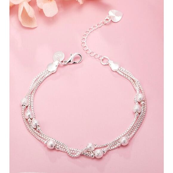 Women's 925 Sterling Silver 3-Layer Chain Dainty Bracelet Frosted Ball Bead 20CM - Picture 2 of 5